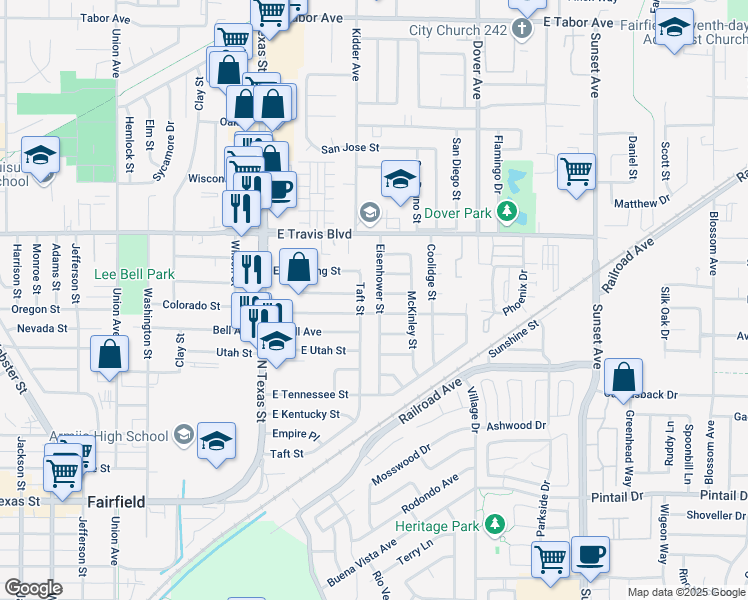 map of restaurants, bars, coffee shops, grocery stores, and more near 1313 Eisenhower Street in Fairfield