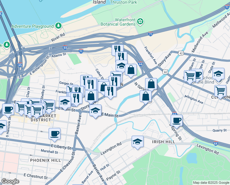 map of restaurants, bars, coffee shops, grocery stores, and more near 1308 Story Avenue in Louisville