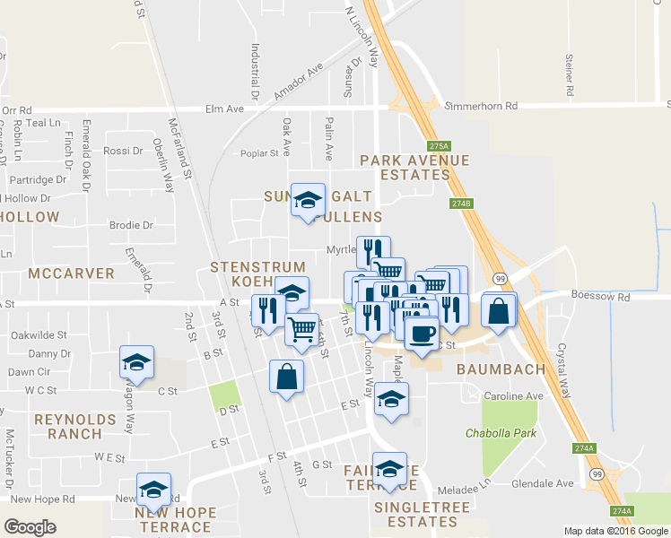 map of restaurants, bars, coffee shops, grocery stores, and more near 113 Palin Ave in Galt
