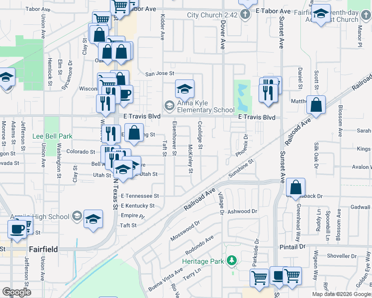 map of restaurants, bars, coffee shops, grocery stores, and more near 1313 McKinley Street in Fairfield