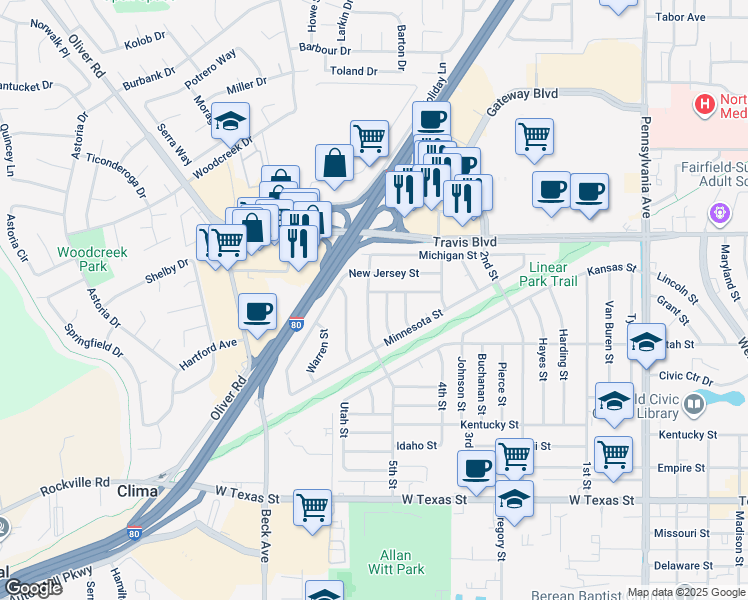map of restaurants, bars, coffee shops, grocery stores, and more near 1118 Wallace Street in Fairfield