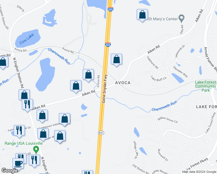 map of restaurants, bars, coffee shops, grocery stores, and more near 13411 Aiken Road in Louisville