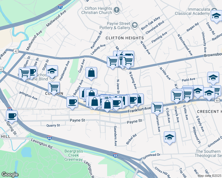 map of restaurants, bars, coffee shops, grocery stores, and more near 148 North Jane Street in Louisville
