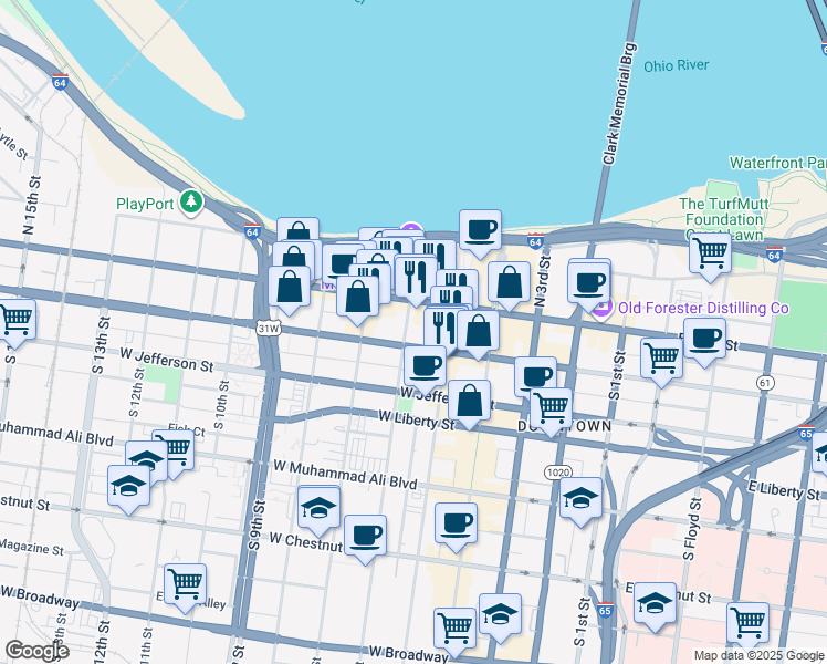 map of restaurants, bars, coffee shops, grocery stores, and more near 527 West Market Street in Louisville
