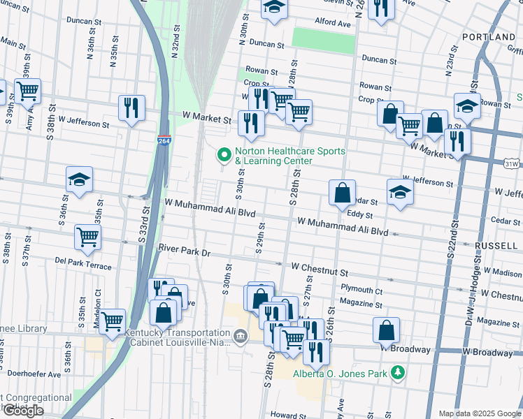 map of restaurants, bars, coffee shops, grocery stores, and more near 2831 West Muhammad Ali Boulevard in Louisville