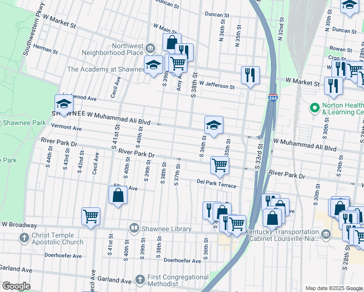 map of restaurants, bars, coffee shops, grocery stores, and more near 3718 Vermont Avenue in Louisville