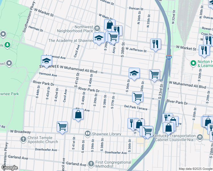 map of restaurants, bars, coffee shops, grocery stores, and more near 3820 Vermont Avenue in Louisville