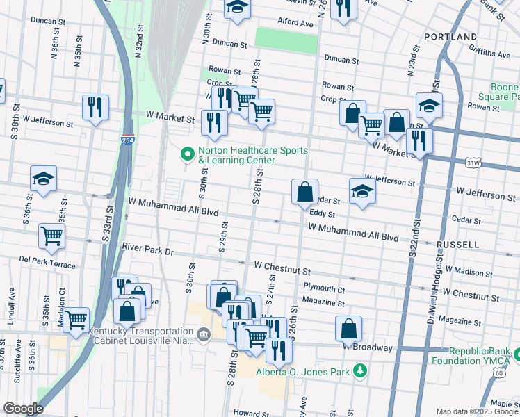 map of restaurants, bars, coffee shops, grocery stores, and more near 435 South 28th Street in Louisville