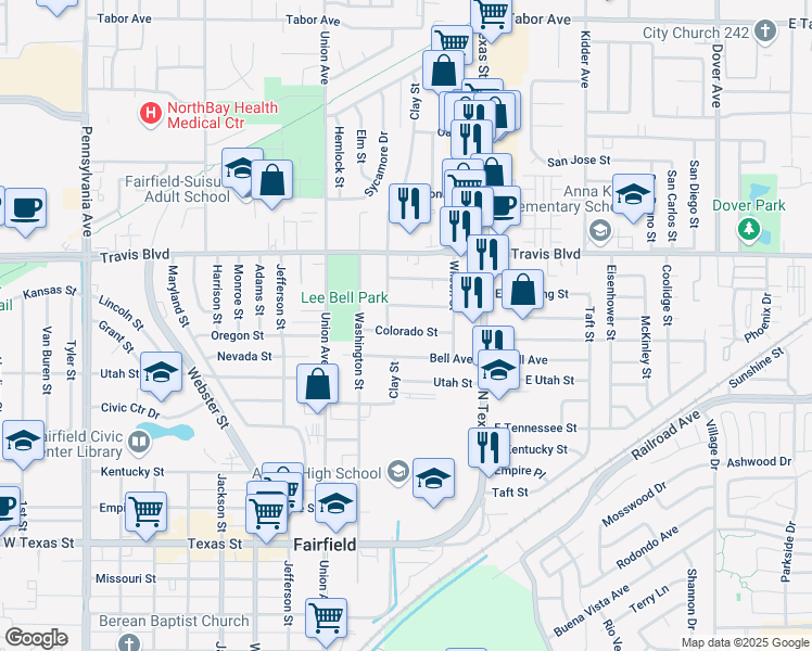 map of restaurants, bars, coffee shops, grocery stores, and more near 354 Colorado Street in Fairfield