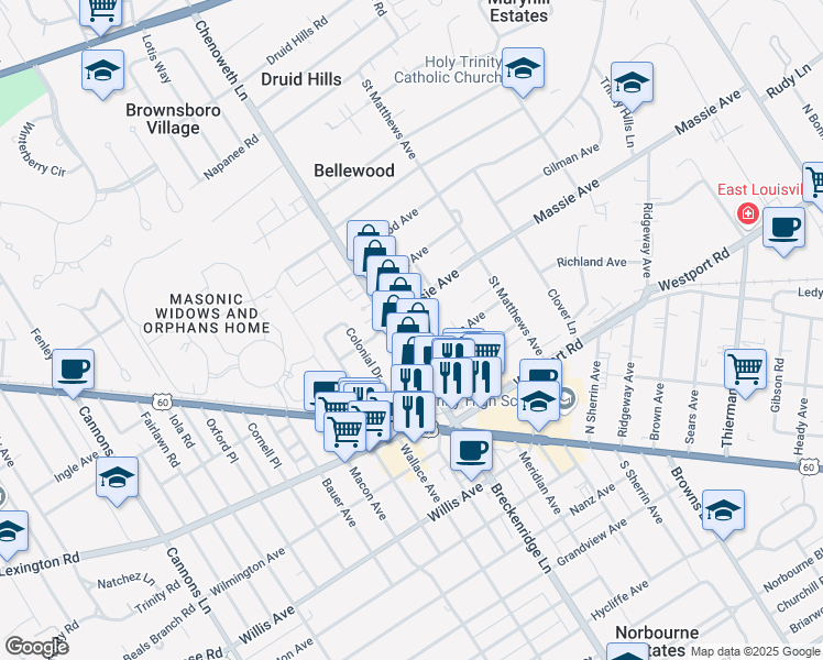 map of restaurants, bars, coffee shops, grocery stores, and more near 153 Chenoweth Ln in Louisville