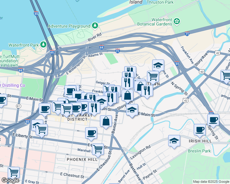 map of restaurants, bars, coffee shops, grocery stores, and more near 1018 Franklin Street in Louisville