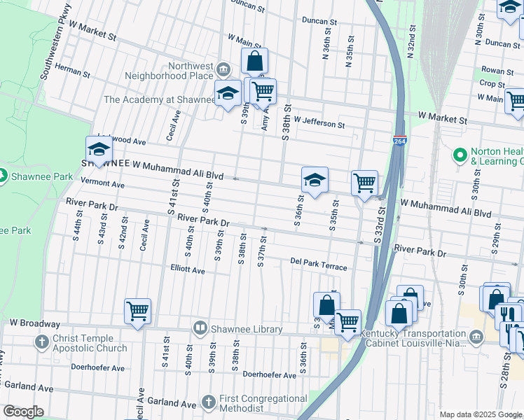 map of restaurants, bars, coffee shops, grocery stores, and more near 3718 Vermont Avenue in Louisville