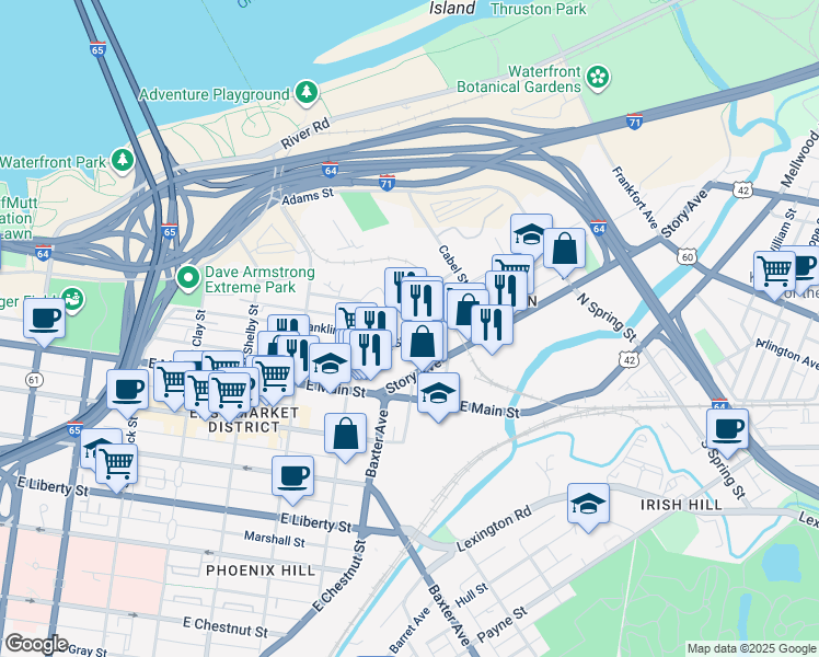 map of restaurants, bars, coffee shops, grocery stores, and more near 1078 East Washington Street in Louisville