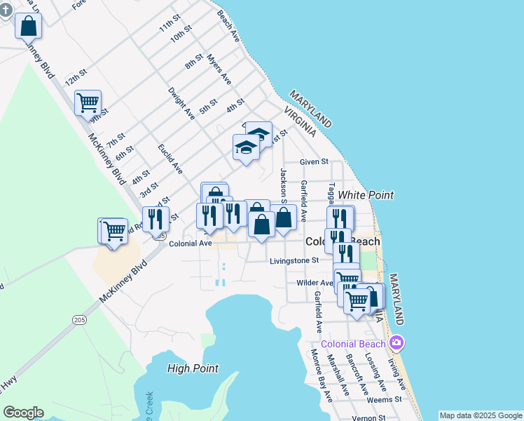 map of restaurants, bars, coffee shops, grocery stores, and more near 608 Kintz Street in Colonial Beach