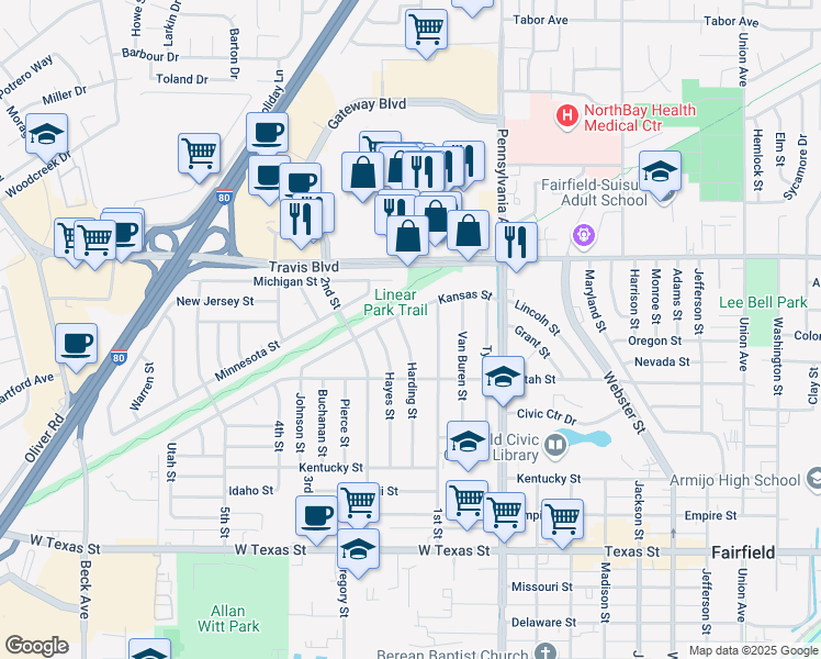 map of restaurants, bars, coffee shops, grocery stores, and more near 1154 Harding St in Fairfield