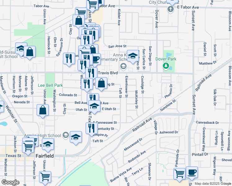 map of restaurants, bars, coffee shops, grocery stores, and more near 391 Hopkins Drive in Fairfield