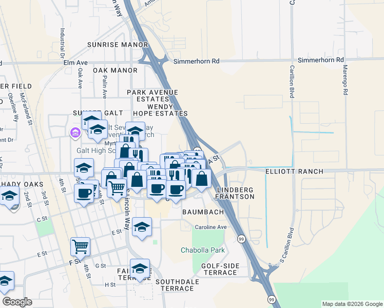 map of restaurants, bars, coffee shops, grocery stores, and more near 117 Camellia Way in Galt
