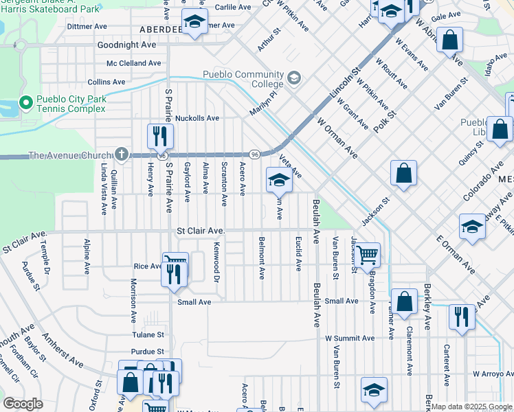 map of restaurants, bars, coffee shops, grocery stores, and more near 613 Belmont Avenue in Pueblo