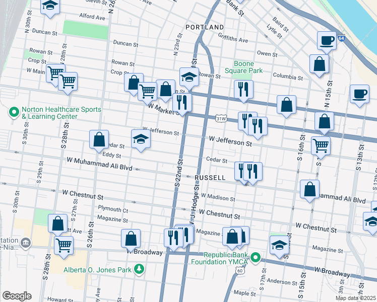 map of restaurants, bars, coffee shops, grocery stores, and more near 2121 Cedar St in Louisville