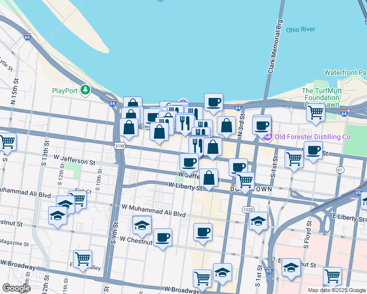 map of restaurants, bars, coffee shops, grocery stores, and more near 127 South 6th Street in Louisville