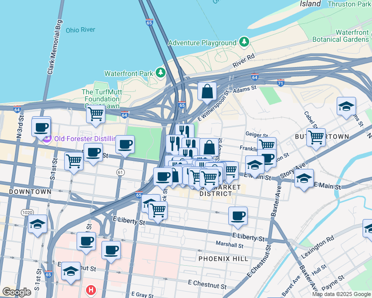 map of restaurants, bars, coffee shops, grocery stores, and more near 130 North Clay Street in Louisville