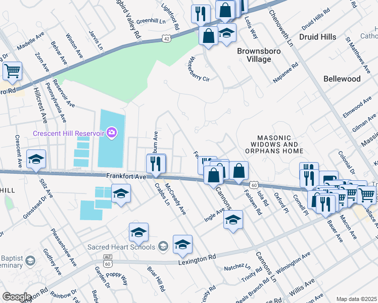 map of restaurants, bars, coffee shops, grocery stores, and more near 136 Fenley Avenue in Louisville