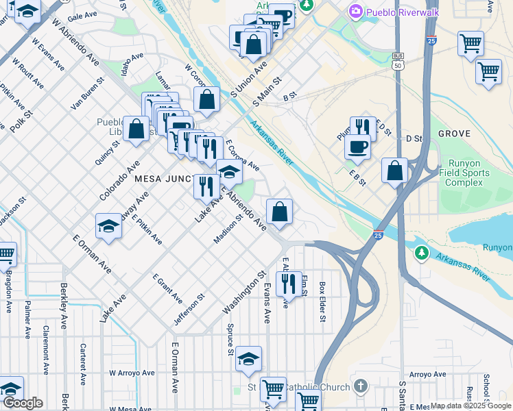map of restaurants, bars, coffee shops, grocery stores, and more near 504 East Abriendo Avenue in Pueblo
