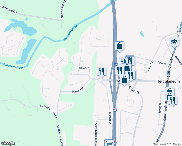 map of restaurants, bars, coffee shops, grocery stores, and more near 1290 Oakholt Court in Herculaneum