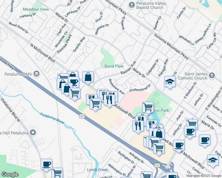 map of restaurants, bars, coffee shops, grocery stores, and more near 205 Rushmore Avenue in Petaluma