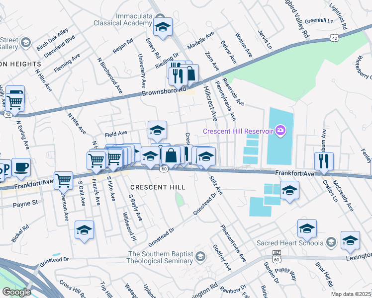 map of restaurants, bars, coffee shops, grocery stores, and more near 126 Crescent Avenue in Louisville