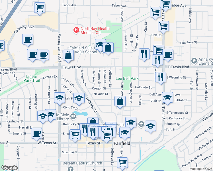 map of restaurants, bars, coffee shops, grocery stores, and more near 1320 Adams Street in Fairfield