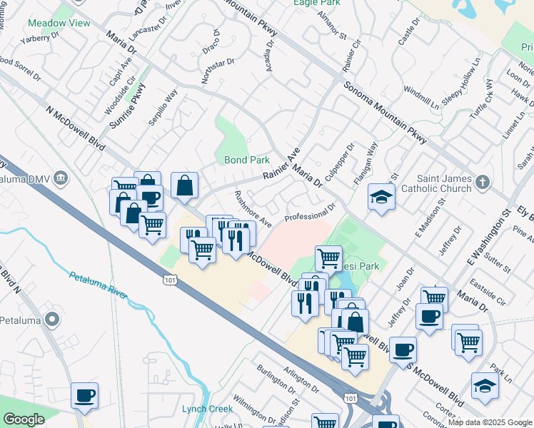 map of restaurants, bars, coffee shops, grocery stores, and more near 148 Park Place Drive in Petaluma