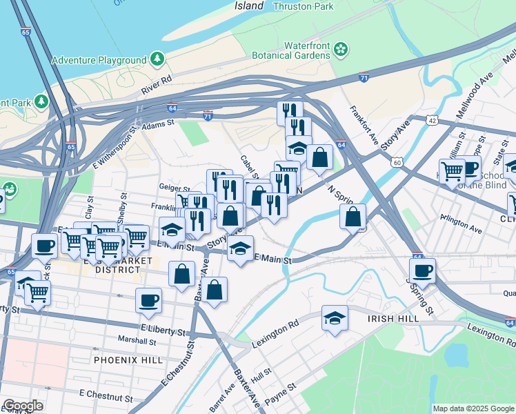 map of restaurants, bars, coffee shops, grocery stores, and more near 1201 Story Avenue in Louisville
