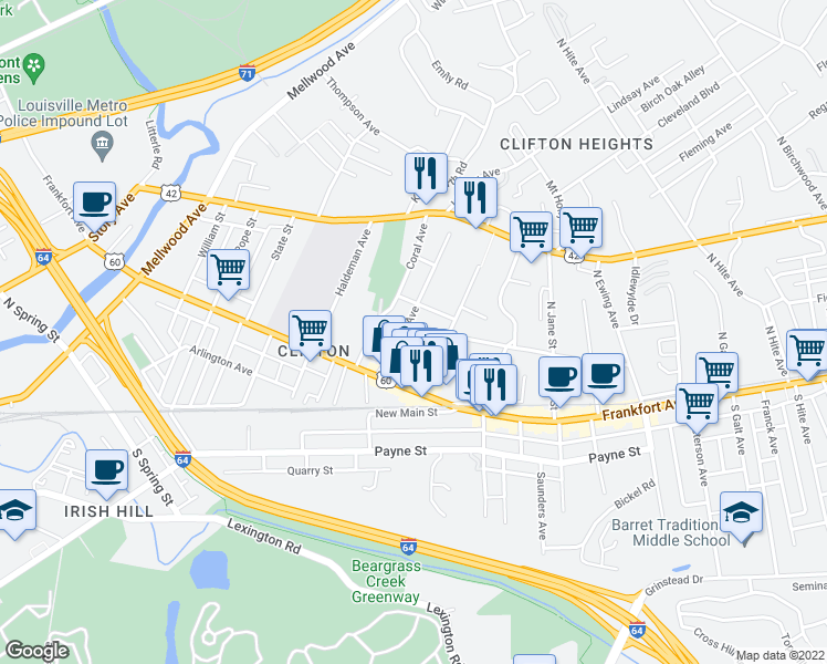 map of restaurants, bars, coffee shops, grocery stores, and more near 141 North Bellaire Avenue in Louisville