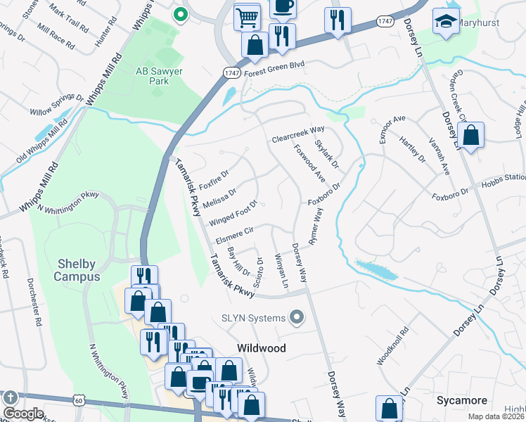 map of restaurants, bars, coffee shops, grocery stores, and more near 9820 Winged Foot Drive in Louisville