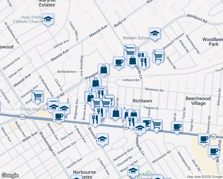 map of restaurants, bars, coffee shops, grocery stores, and more near 165 Thierman Lane in Saint Matthews