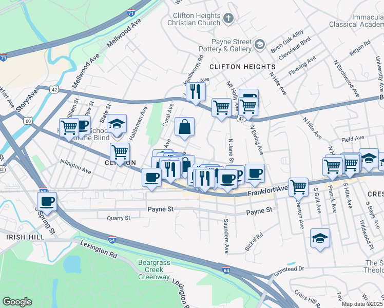 map of restaurants, bars, coffee shops, grocery stores, and more near 2125 Sycamore Avenue in Louisville