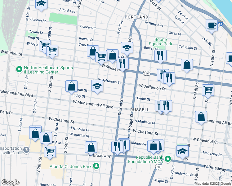 map of restaurants, bars, coffee shops, grocery stores, and more near 2215 Cedar Street in Louisville