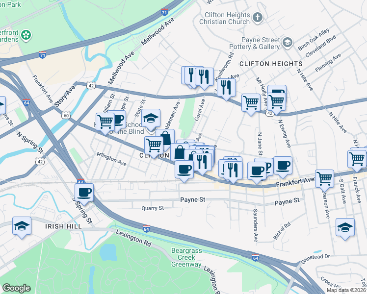 map of restaurants, bars, coffee shops, grocery stores, and more near 129 Coral Avenue in Louisville