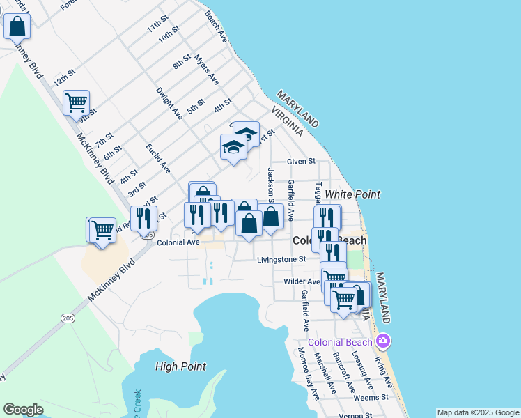 map of restaurants, bars, coffee shops, grocery stores, and more near 611 Kintz Street in Colonial Beach
