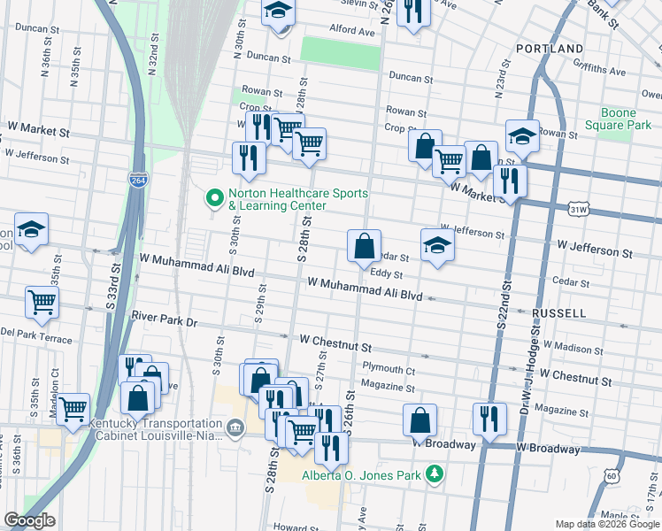 map of restaurants, bars, coffee shops, grocery stores, and more near 416 South 27th Street in Louisville