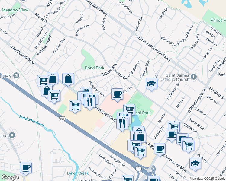 map of restaurants, bars, coffee shops, grocery stores, and more near 6 Park Place Drive in Petaluma