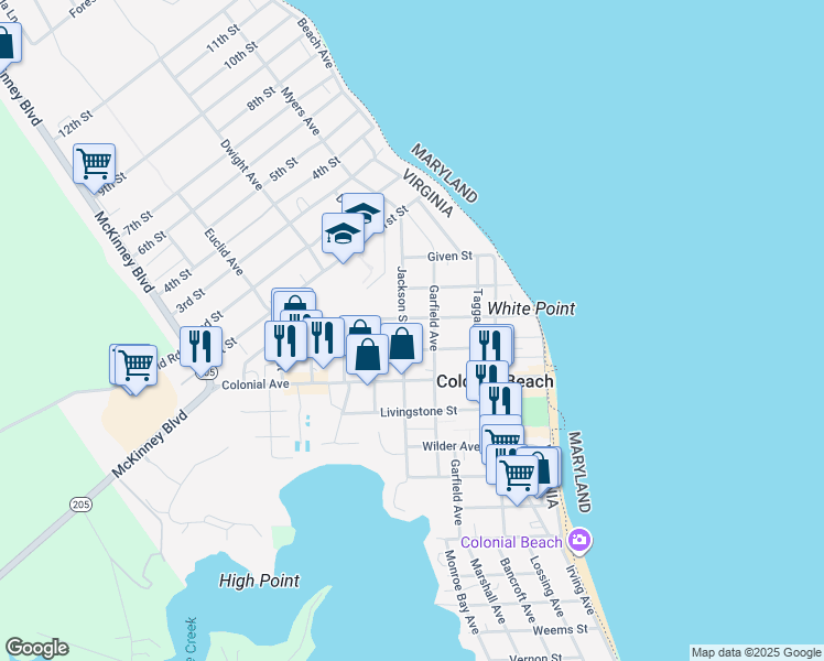 map of restaurants, bars, coffee shops, grocery stores, and more near 609 Jackson Street in Colonial Beach