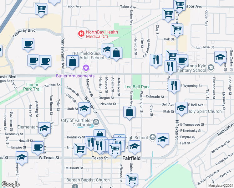 map of restaurants, bars, coffee shops, grocery stores, and more near 1320 Adams Street in Fairfield