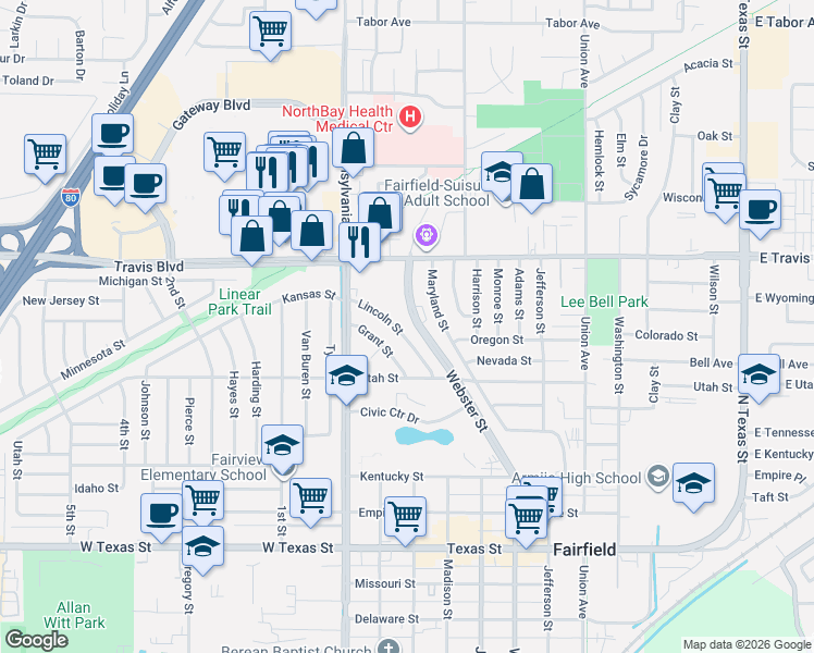 map of restaurants, bars, coffee shops, grocery stores, and more near 1232 Lincoln Street in Fairfield