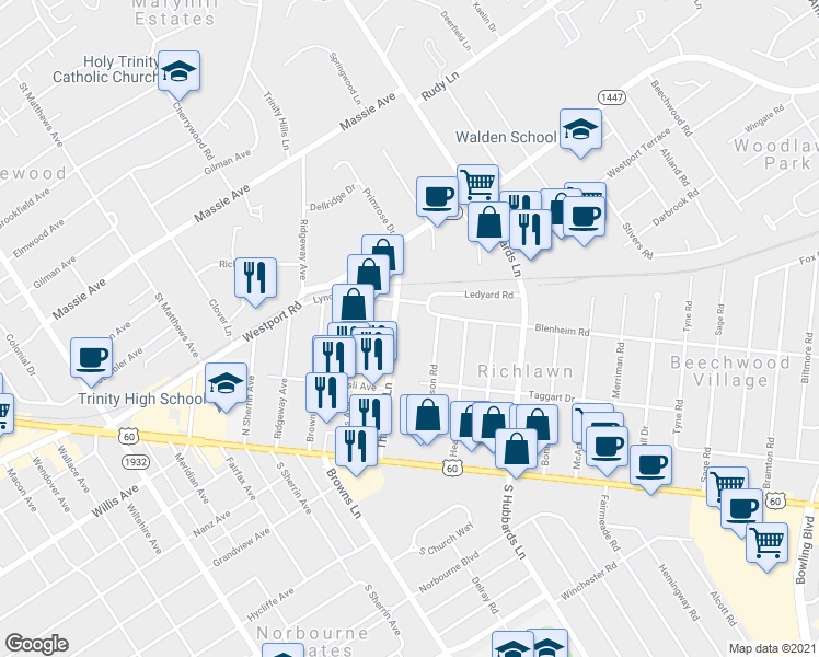map of restaurants, bars, coffee shops, grocery stores, and more near 165 Thierman Lane in Saint Matthews