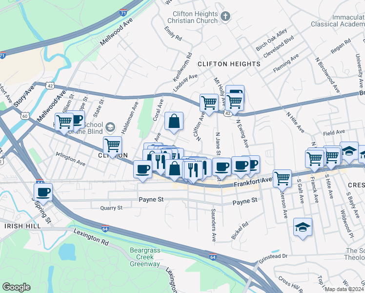 map of restaurants, bars, coffee shops, grocery stores, and more near 147 Vernon Avenue in Louisville