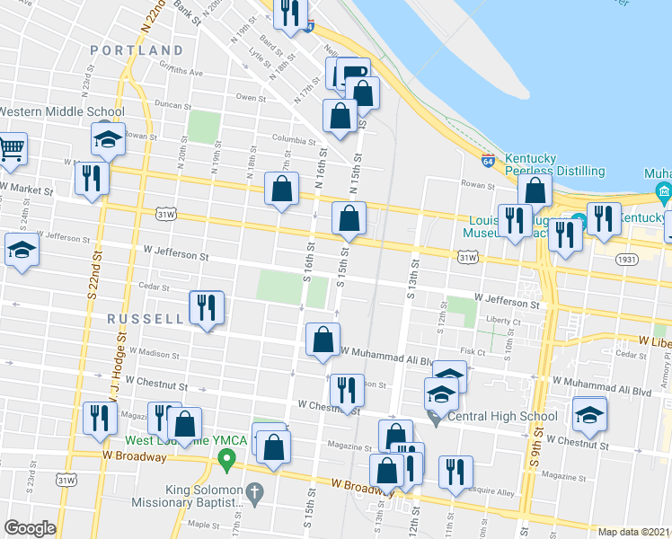 map of restaurants, bars, coffee shops, grocery stores, and more near 1513 West Jefferson Street in Louisville