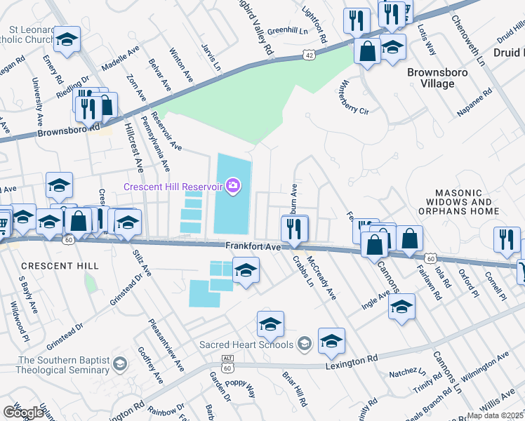 map of restaurants, bars, coffee shops, grocery stores, and more near 130 Claremont Avenue in Louisville