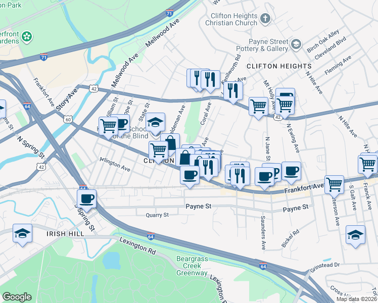 map of restaurants, bars, coffee shops, grocery stores, and more near 129 Coral Avenue in Louisville